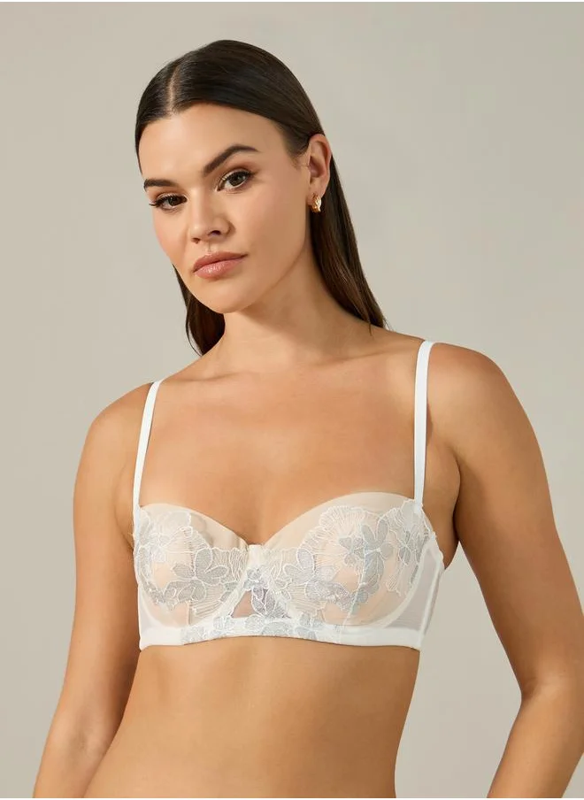 Styli Padded Wired Balconette Bra with Floral Applique