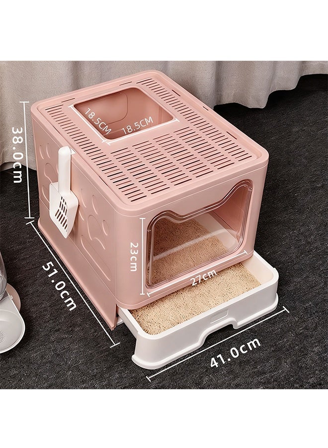 Cat Litter Box, Semi-Enclosed Design Foldable Large Cat Litter Tray, Opening Design At The Front And Top Of The Cat Toilet, Drawer-Type Cat Litter Pan, Cat Potty, Splash-Proof With Litter And With A Cat Litter Shovel - Image 2