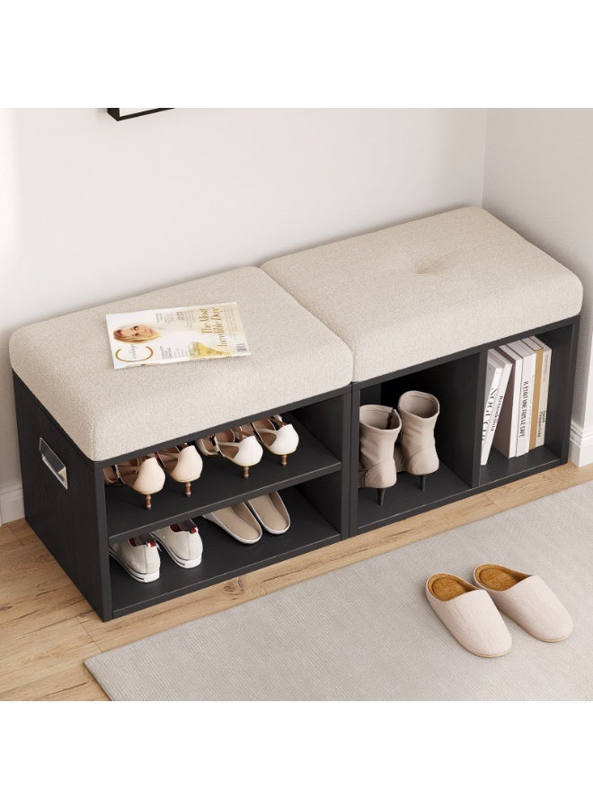 Shoe Bench مع مساحة تخزين، مقعد أحذية خشبي حديث مع وسادة مريحة، Entryway Bench للاستخدام المنزلي والممرات، Shoe Bench with Storage للجلوس وتنظيم الأحذية، المقاس 100×35×42.5 سم، أسود مع وسادة بيج - Image 1