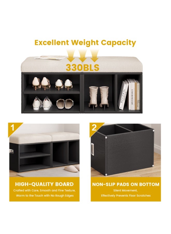 Shoe Bench مع مساحة تخزين، مقعد أحذية خشبي حديث مع وسادة مريحة، Entryway Bench للاستخدام المنزلي والممرات، Shoe Bench with Storage للجلوس وتنظيم الأحذية، المقاس 100×35×42.5 سم، أسود مع وسادة بيج - Image 4