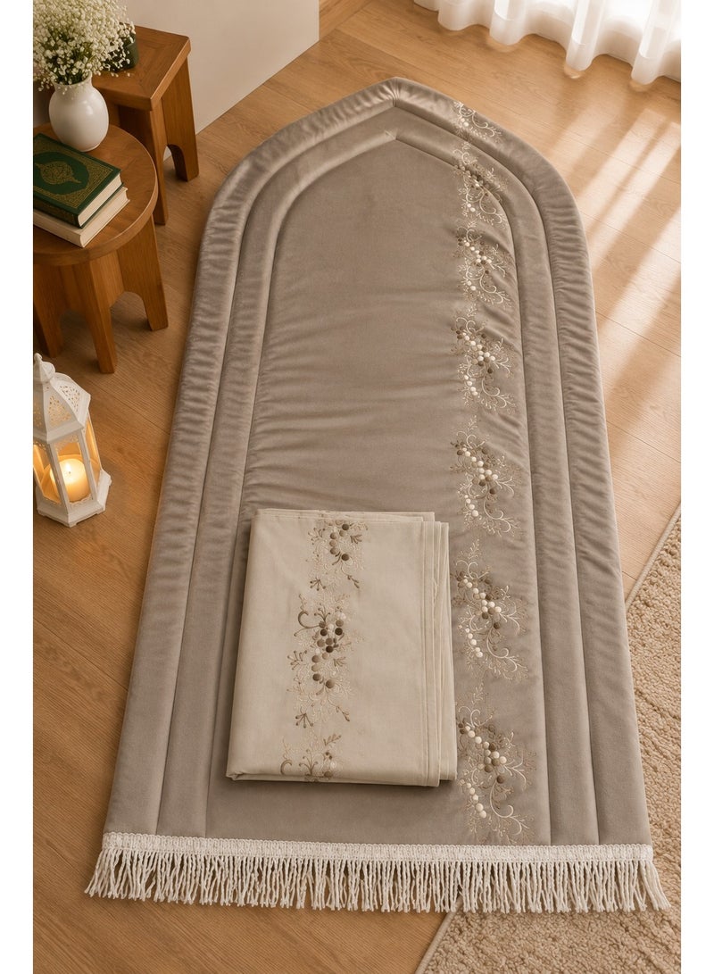 Padded prayer mat set with embroidered prayer shawl for women – Soft fabric with luxurious embroidery – Stylish and comfortable prayer set for everyday use – A special gift for special occasions, Ramadan, and Eid - Image 1