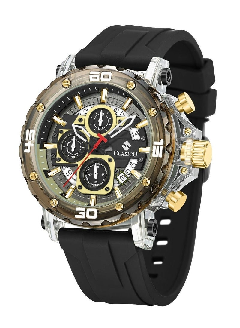 Clasico Obsidian Drive Men’s Luxury Chronograph Watch | 45mm Grey Dial | Elite PE903 Movement | Black Silicone Strap | 3ATM Water Resistant Luxury Watch - Image 3