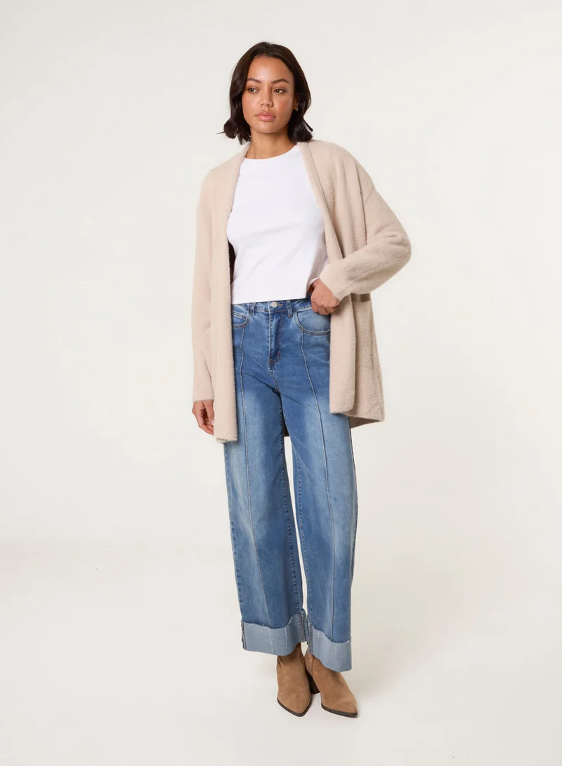 بلو فانيلا كارديجان متوسط الطول مفتوح من الفليس الناعم