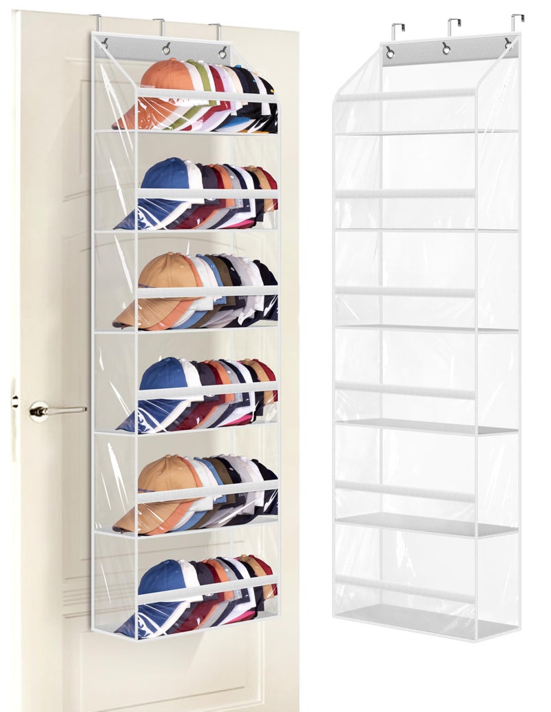 AOODA Clear Over the Door Hat Racks for Baseball Caps Large Holds up to 72 Caps Hat Storage Organizer for Closet Wall Deep Pockets Hanging Snapback Holder Shelves with 3 Hooks White
