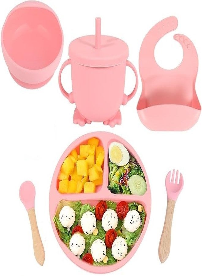 KRLZ Silicone Baby Feeding Set, 6 PCS Baby Led Weaning Supplies with Baby Plates and Utensils Set, Baby Spoon and Fork, Adjustable Bib, Baby Silicone Feeding Set (Pink) - Image 1