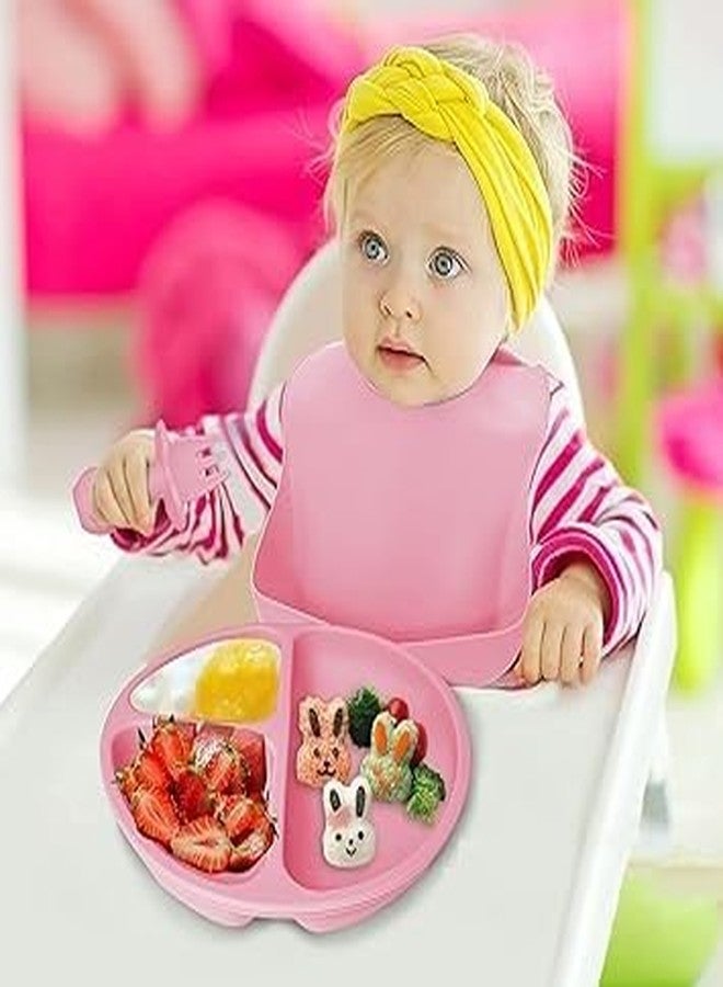 KRLZ Silicone Baby Feeding Set, 6 PCS Baby Led Weaning Supplies with Baby Plates and Utensils Set, Baby Spoon and Fork, Adjustable Bib, Baby Silicone Feeding Set (Pink) - Image 2
