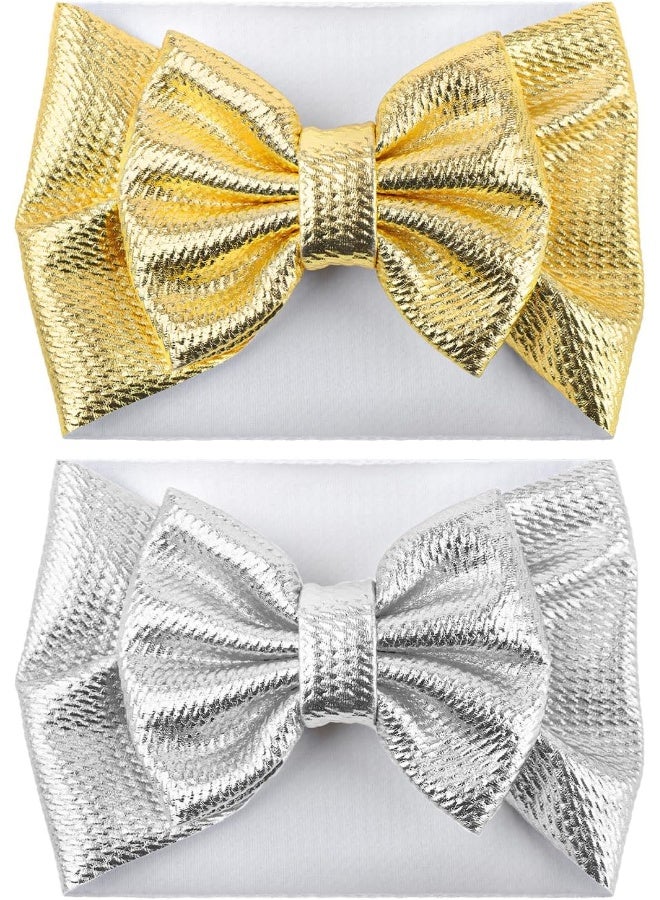 YanJie YanJie Metallic Gold and Silver 5" Baby Large Messy Bows Headwrap Stretch Bronzing Top Knot Turban Headband Hair Band 2pcs/pack  - Image 1