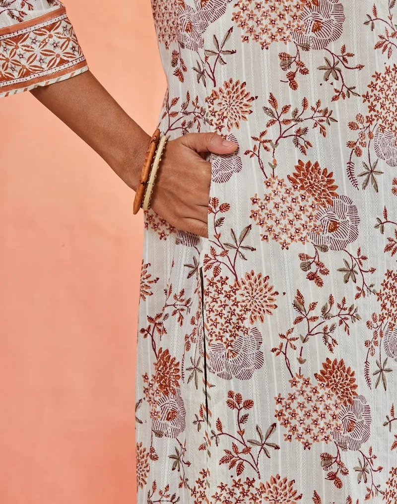 Fabindia  Natural Cotton Hand Block Print Slim Fit Long Kurta for Women | Best Price UAE
