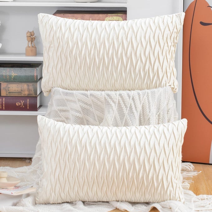 SET OF 2 SUPER SOFT VELVET DECORATIVE THROW PILLOW COVERS 12X20 INCH WHITE RECTANGULAR WITH TEXTURE LUXURY STYLE CUSHION CASE PILLOW SHELL FOR SOFA BEDROOM
