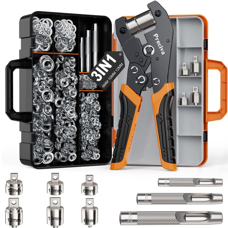 Preciva 3-Size Grommet Tool Kit - 1/2" 1/4" 3/8" Hole Punch & Eyelet Setting Tool with 300Pcs Grommets | Handheld Eyelet Plier for Tarps, Tents, Canvas, Vinyl & Leather Crafting - Image 1