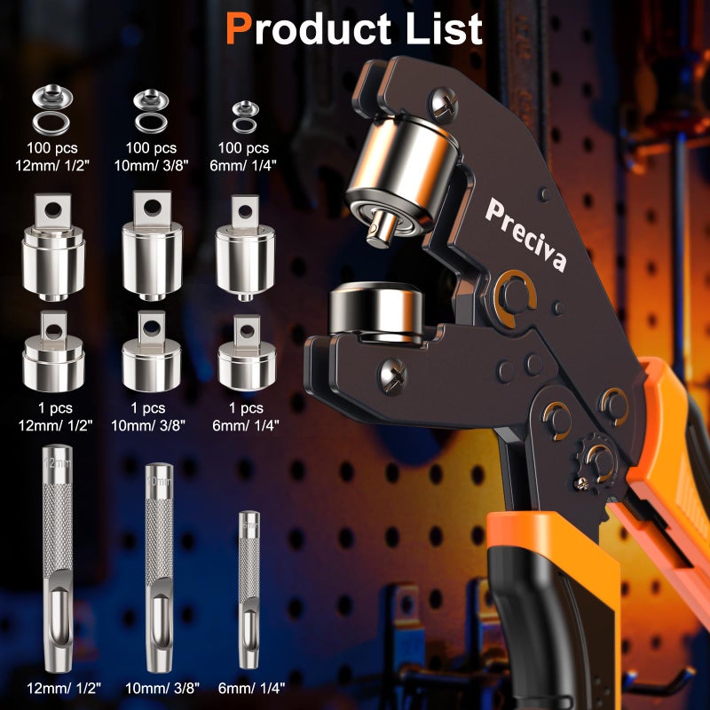 Preciva 3-Size Grommet Tool Kit - 1/2" 1/4" 3/8" Hole Punch & Eyelet Setting Tool with 300Pcs Grommets | Handheld Eyelet Plier for Tarps, Tents, Canvas, Vinyl & Leather Crafting - Image 2