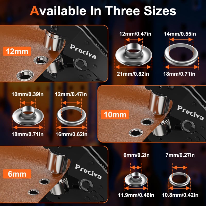 Preciva 3-Size Grommet Tool Kit - 1/2" 1/4" 3/8" Hole Punch & Eyelet Setting Tool with 300Pcs Grommets | Handheld Eyelet Plier for Tarps, Tents, Canvas, Vinyl & Leather Crafting - Image 5