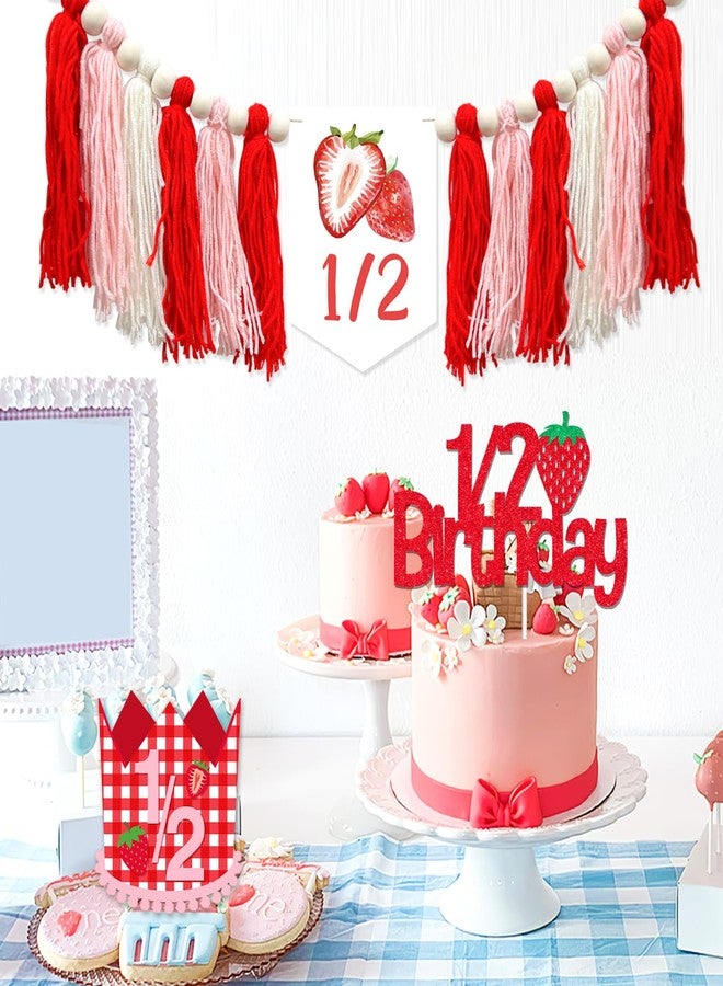 Merrystorm Strawberry Half Birthday Decorations Strawberry 1/2 Birthday Strawberry Hat Strawberry Half Birthday High Chair Banner It’s My 1/2 Birthday Cake Topper for Girls Berry Sweet Birthday Decor Supplies - Image 3