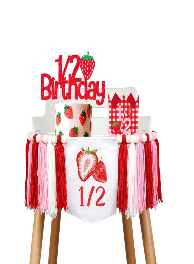 Merrystorm Strawberry Half Birthday Decorations Strawberry 1/2 Birthday Strawberry Hat Strawberry Half Birthday High Chair Banner It’s My 1/2 Birthday Cake Topper for Girls Berry Sweet Birthday Decor Supplies - Image 1