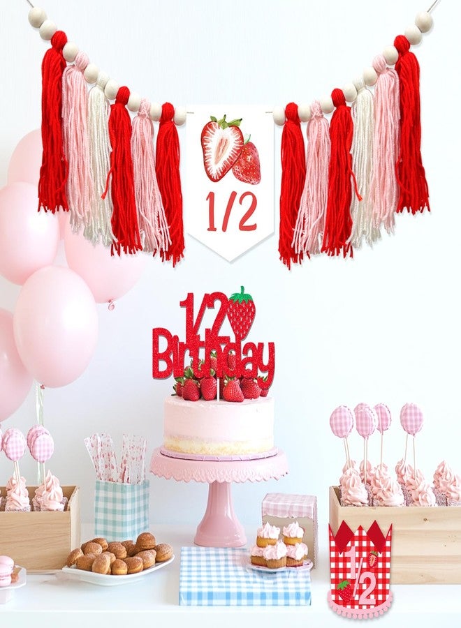Merrystorm Strawberry Half Birthday Decorations Strawberry 1/2 Birthday Strawberry Hat Strawberry Half Birthday High Chair Banner It’s My 1/2 Birthday Cake Topper for Girls Berry Sweet Birthday Decor Supplies - Image 5