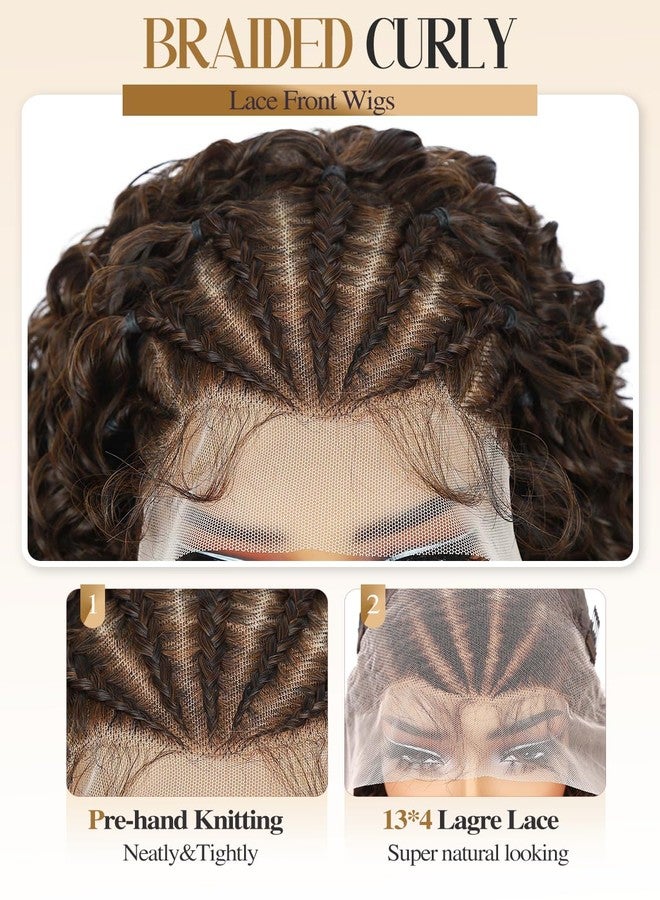 Quantum Love Braided Wigs for Black Women Braids Cornrows Lace Curly Wigs 16 Inch Lace Frontal Braided Fully Curly Ombre Brown Bob Synthetic Glueless Wigs - Image 3