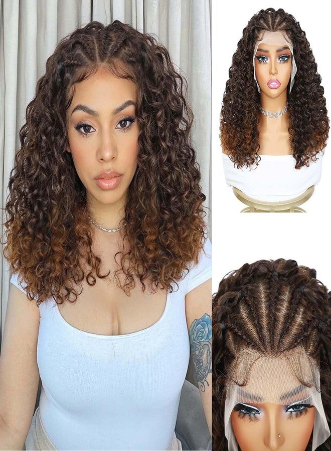 Quantum Love Braided Wigs for Black Women Braids Cornrows Lace Curly Wigs 16 Inch Lace Frontal Braided Fully Curly Ombre Brown Bob Synthetic Glueless Wigs - Image 1