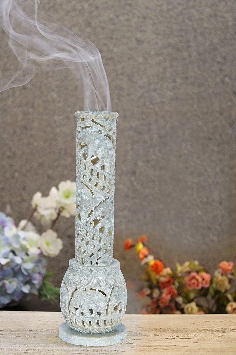 ZART Marble Soapstone Circle Jali Incense Stick Holder Agarbatti Stand Tea Light Burner Candle Holder Beautiful Elephant Carving for Pooja and Home Decor Item Showpiece Item