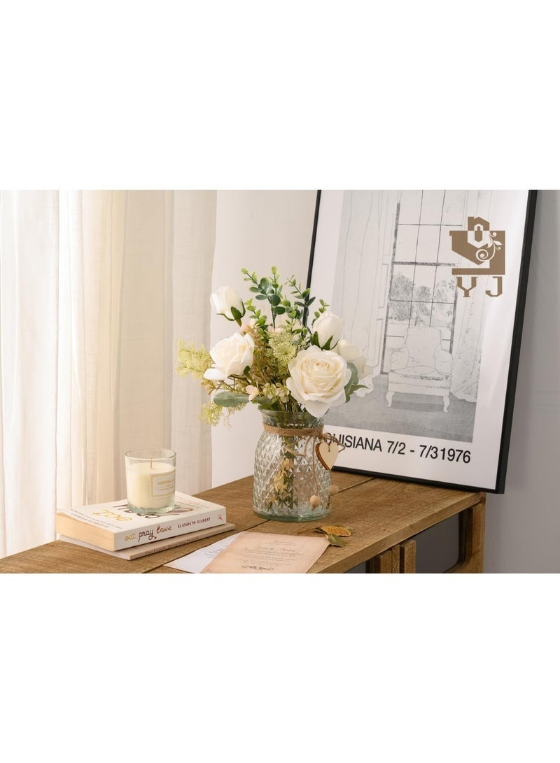 Arabest Fake Flowers with Vase, Silk Roses Artificial Flowers in Vase, Faux Flower Plant Arrangement Suitable for Home Office Decoration, Dining Table Centerpiece(White) - Image 5