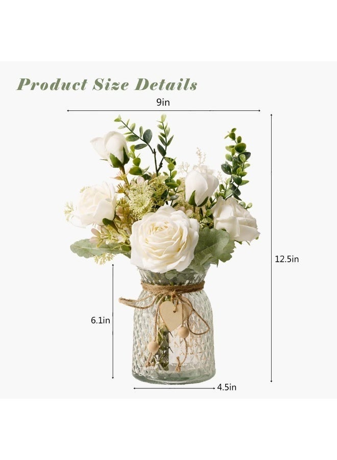Arabest Fake Flowers with Vase, Silk Roses Artificial Flowers in Vase, Faux Flower Plant Arrangement Suitable for Home Office Decoration, Dining Table Centerpiece(White) - Image 2