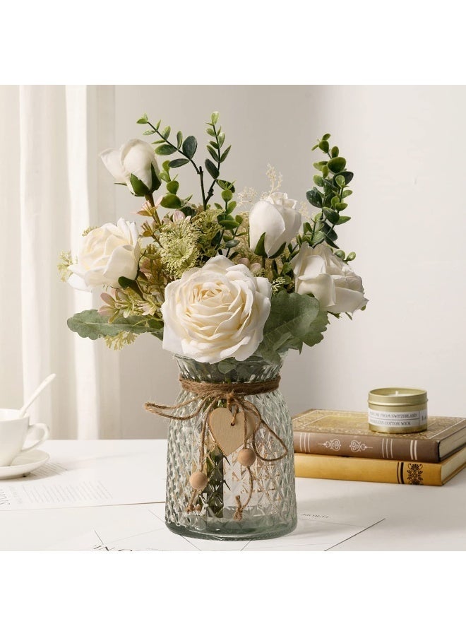 Arabest Fake Flowers with Vase, Silk Roses Artificial Flowers in Vase, Faux Flower Plant Arrangement Suitable for Home Office Decoration, Dining Table Centerpiece(White) - Image 1