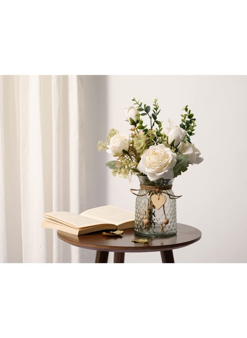 Arabest Fake Flowers with Vase, Silk Roses Artificial Flowers in Vase, Faux Flower Plant Arrangement Suitable for Home Office Decoration, Dining Table Centerpiece(White) - Image 3