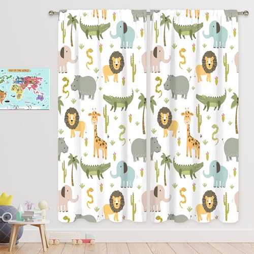 MESHELLY Kids Safari Curtains 42W X 63H Inch Rod Pocket Cute Cartoon Animals Baby Boy Nursery Bedroom Decor Woodland Jungle Lion Elephant Curtains for Children Living Room Window Drapes Fabric - Image 3