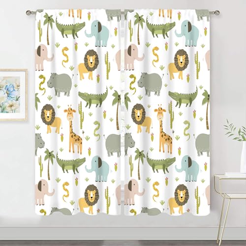 MESHELLY Kids Safari Curtains 42W X 63H Inch Rod Pocket Cute Cartoon Animals Baby Boy Nursery Bedroom Decor Woodland Jungle Lion Elephant Curtains for Children Living Room Window Drapes Fabric - Image 1