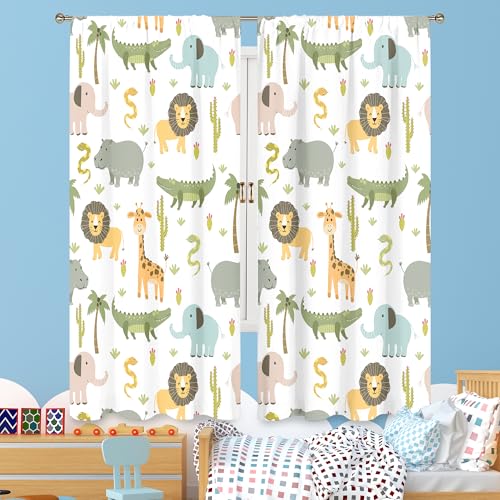 MESHELLY Kids Safari Curtains 42W X 63H Inch Rod Pocket Cute Cartoon Animals Baby Boy Nursery Bedroom Decor Woodland Jungle Lion Elephant Curtains for Children Living Room Window Drapes Fabric - Image 2