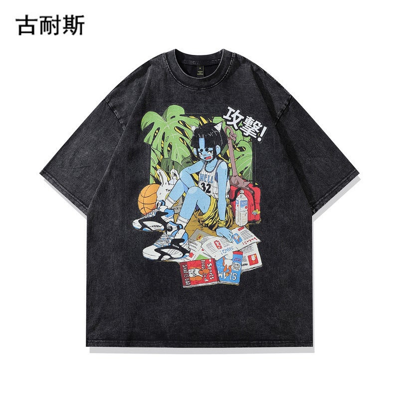 Hip-Hop Short-Sleeved T-Shirt Men'S And Women'S Summer Washed Retro Old Ins Fashion Brand American High Street Loose Half Sleeve - Image 1