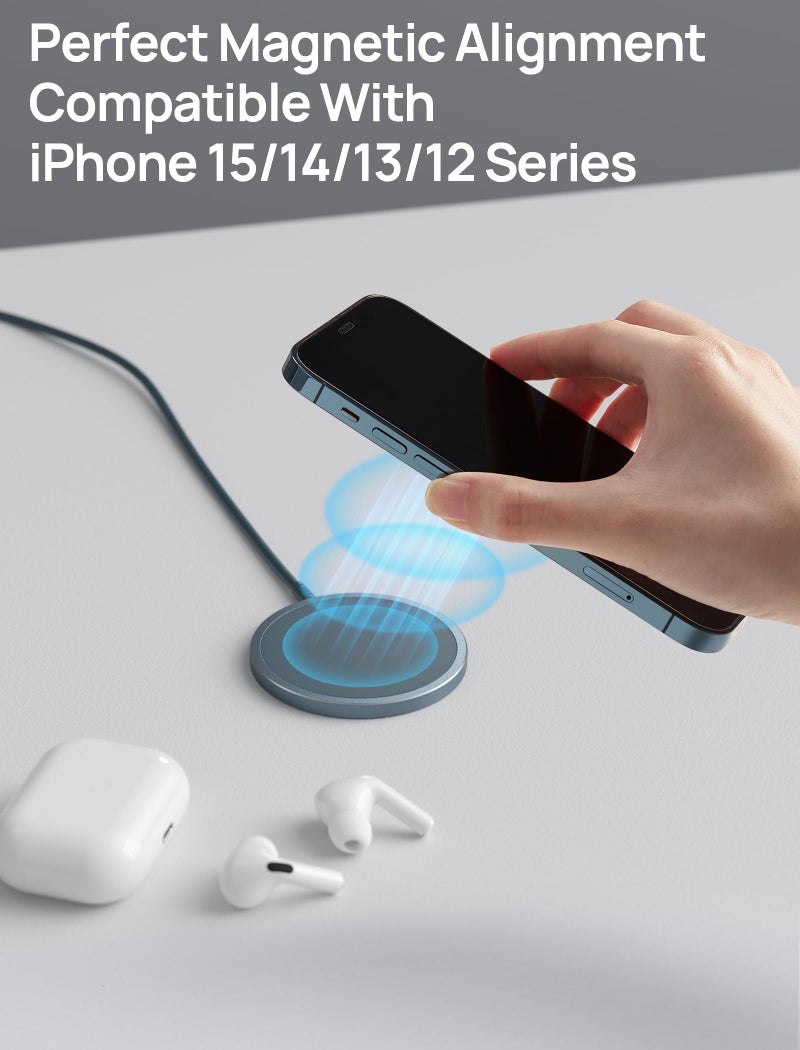 jsaux شاحن لاسلكي مغناطيسي JSAUX متوافق مع شاحن MagSafe/iPhone 16/16 Pro/16 Plus/16 Pro Max/iPhone 15 Pro Max Plus/iPhone 14 13 12 Series، وسادة شحن لاسلكية Mag Safe، شاحن مغناطيسي (أزرق) - Image 3