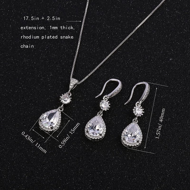 AMYJANE Bridal Jewelry Set for Wedding - Teardrop Silver Cubic Zirconia Crystal Drop Earrings and Necklace Set for Bride Bridesmaids Mother of Bride Prom Party - Image 2