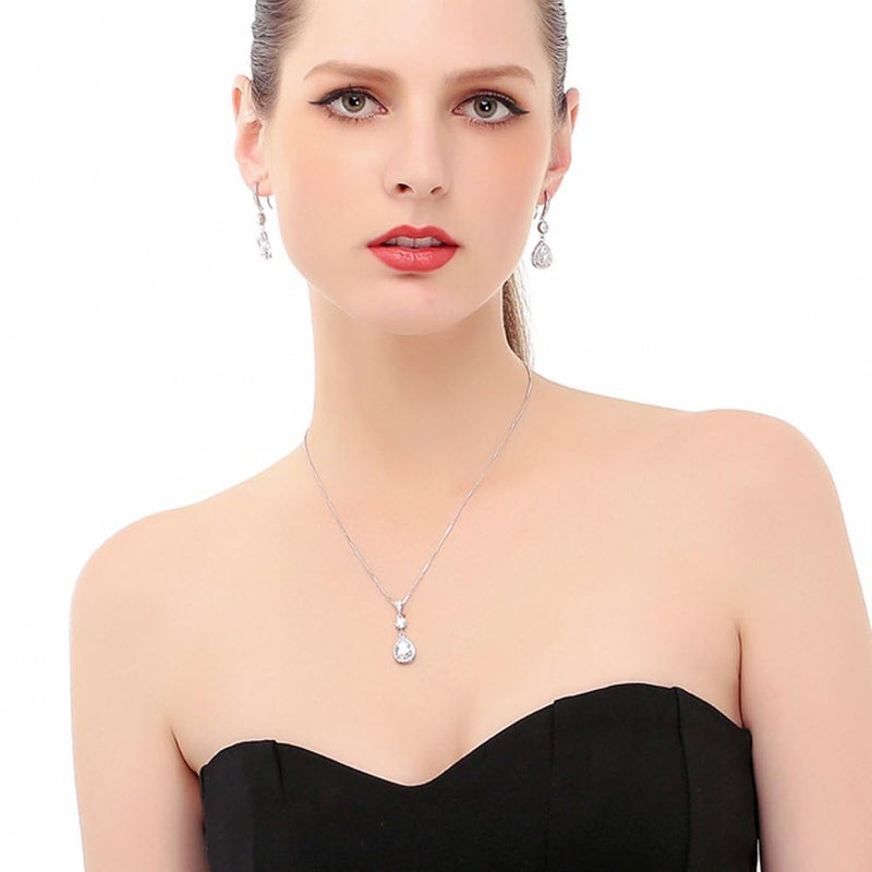 AMYJANE Bridal Jewelry Set for Wedding - Teardrop Silver Cubic Zirconia Crystal Drop Earrings and Necklace Set for Bride Bridesmaids Mother of Bride Prom Party - Image 5
