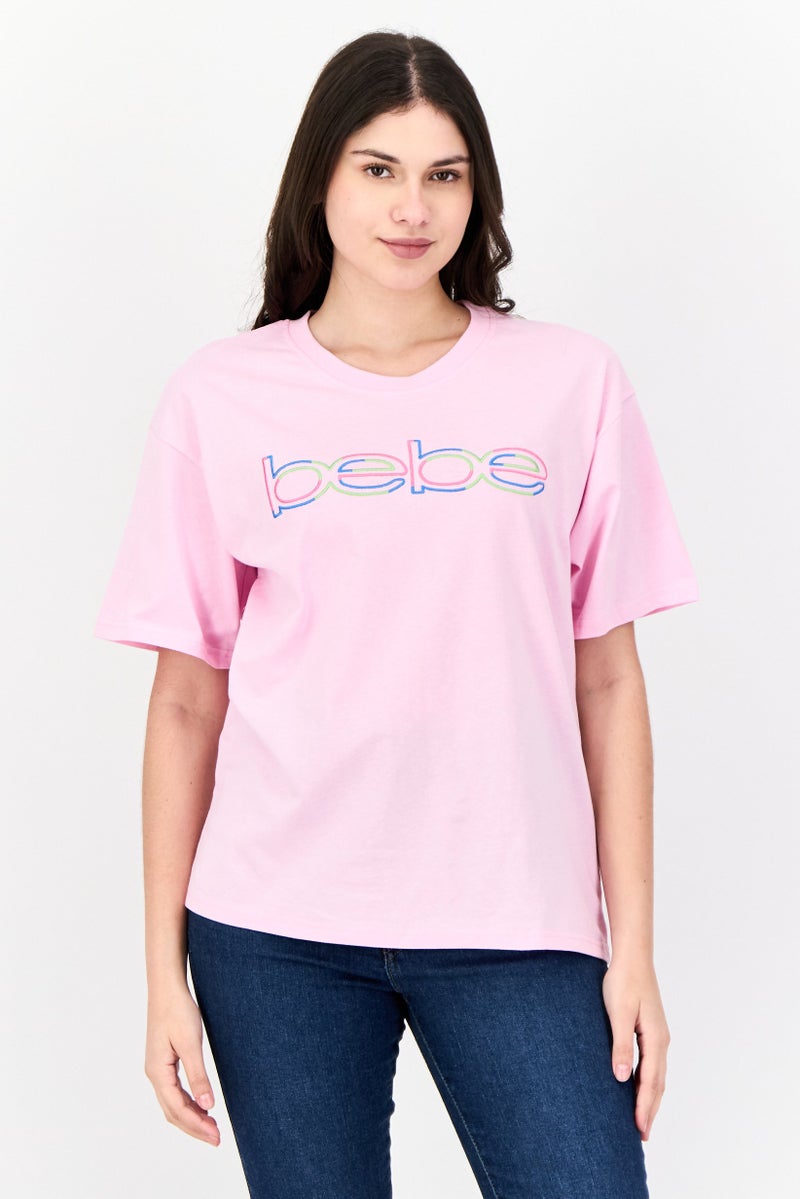 bebe Women Crew Neck Short Sleeves Embroidered Logo T-Shirt, Pink - Image 1
