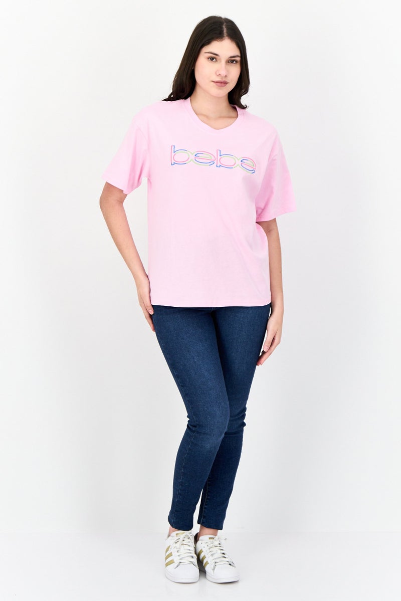 bebe Women Crew Neck Short Sleeves Embroidered Logo T-Shirt, Pink - Image 4