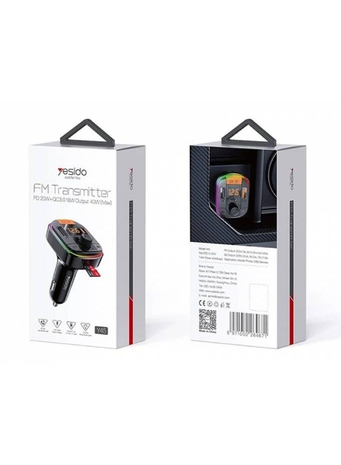 Yesido Y45 Fast charging Smart Dual USB Ports Vehicle Charger FM Transmitter Mp3 Multi Function Car Charger - Image 2