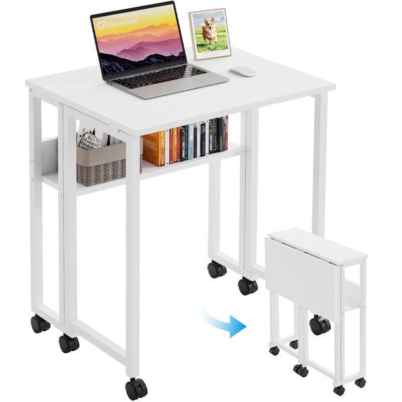 GreenForest Folding Desk with Wheels and Storage Shelf, 24.8 Inch Compact Portable Rolling Desk for Small Spaces, Mobile Foldable Computer Table, Easy Assembly, Pure White - Image 1