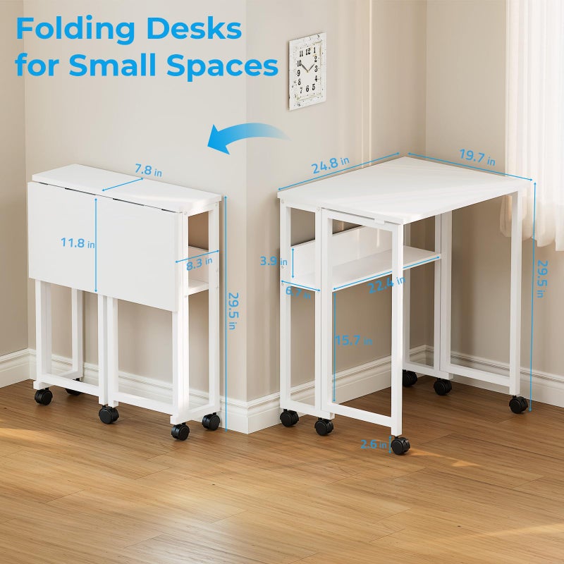 GreenForest Folding Desk with Wheels and Storage Shelf, 24.8 Inch Compact Portable Rolling Desk for Small Spaces, Mobile Foldable Computer Table, Easy Assembly, Pure White - Image 2