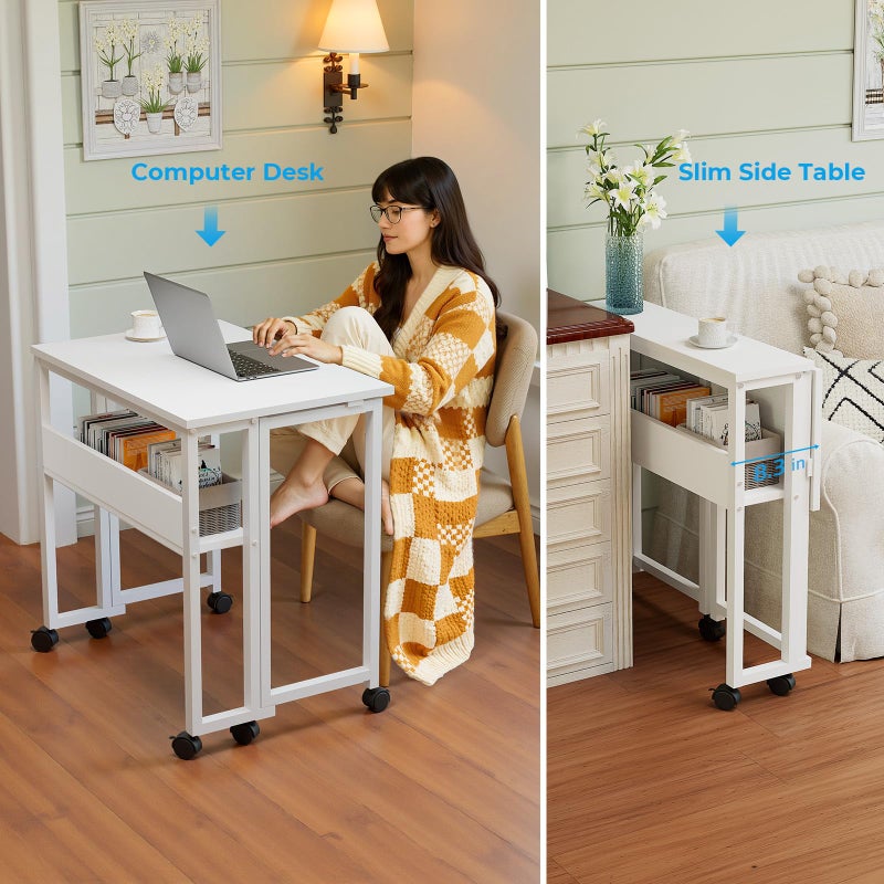 GreenForest Folding Desk with Wheels and Storage Shelf, 24.8 Inch Compact Portable Rolling Desk for Small Spaces, Mobile Foldable Computer Table, Easy Assembly, Pure White - Image 5