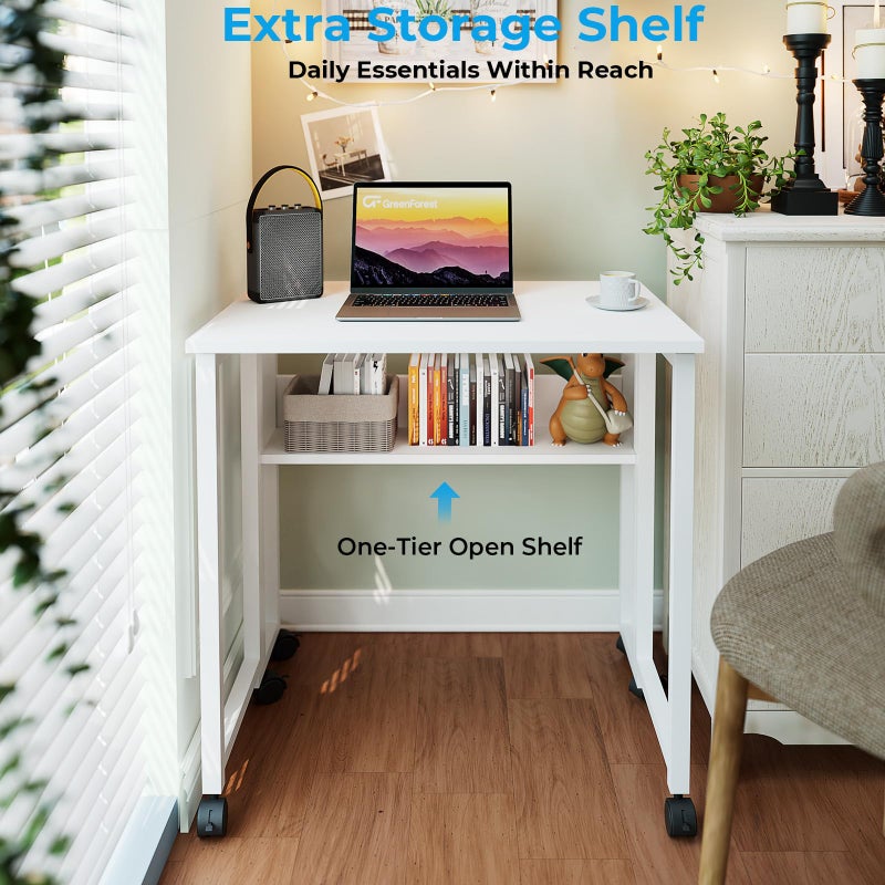 GreenForest Folding Desk with Wheels and Storage Shelf, 24.8 Inch Compact Portable Rolling Desk for Small Spaces, Mobile Foldable Computer Table, Easy Assembly, Pure White - Image 4