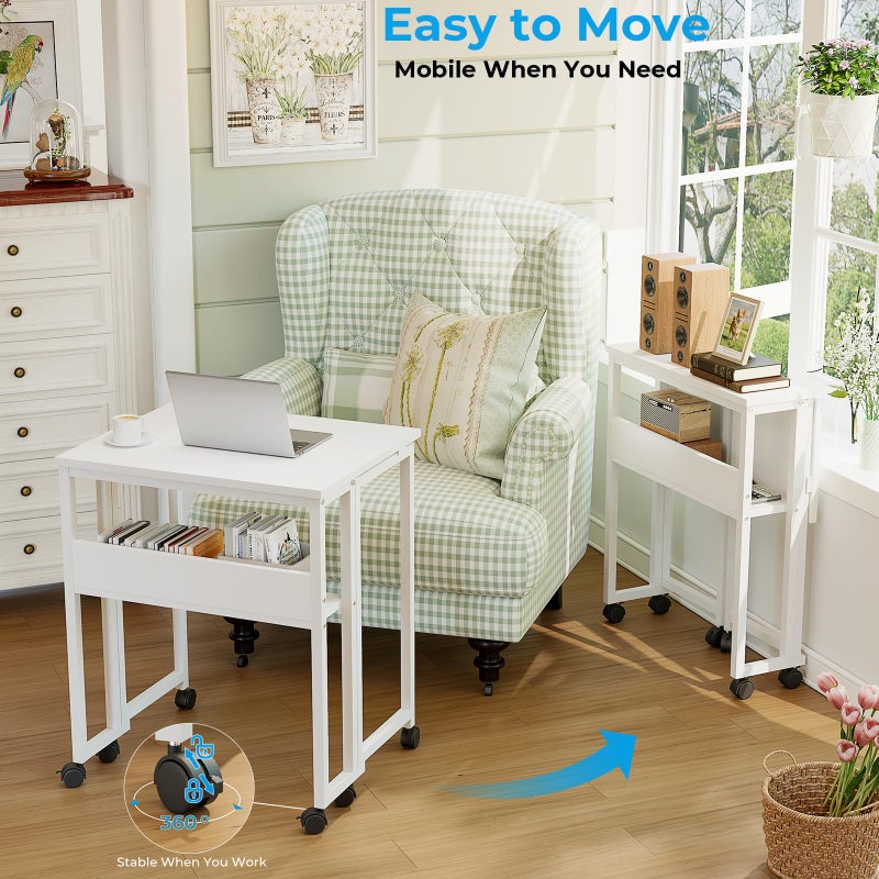 GreenForest Folding Desk with Wheels and Storage Shelf, 24.8 Inch Compact Portable Rolling Desk for Small Spaces, Mobile Foldable Computer Table, Easy Assembly, Pure White - Image 3