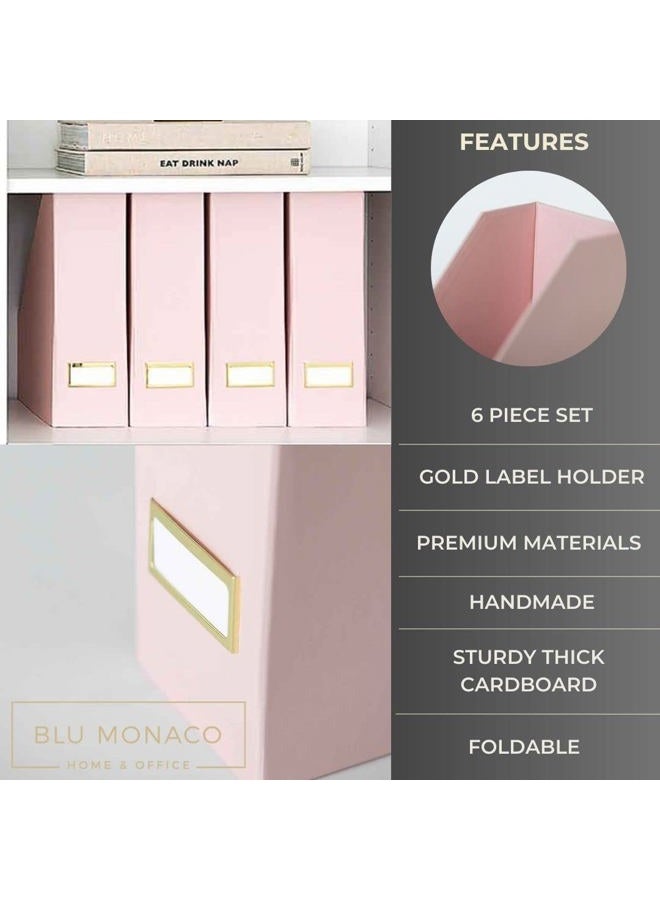 Blu Monaco Foldable Pink Magazine Holder with Gold Label Holder - Set of 6 - Cardboard Magazine File Boxes Desk File Organizer - Image 5