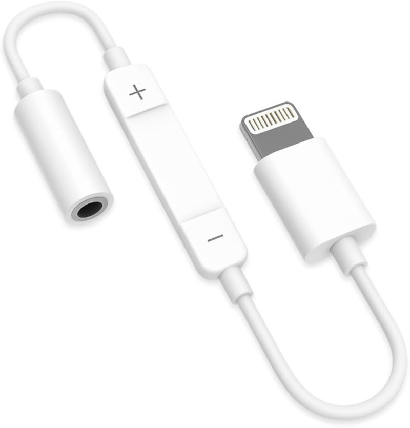 محول سماعات Keendex KX 3692 من Lightning إلى 3.5 ملم، كابل دونجل صوتي معتمد من MFI مع تحكم في مستوى الصوت، متوافق مع iPhone 15/14/13/12/11/SE/X، أبيض