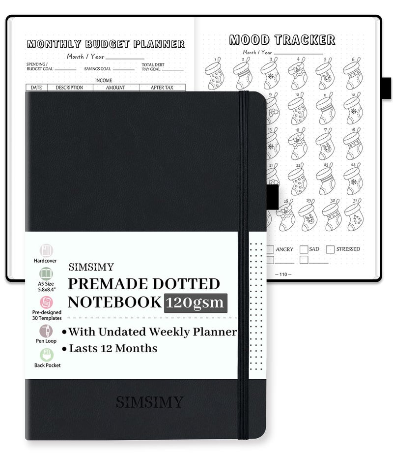 SIMSIMY Premade Dotted Journal Notebook with Bullet Templates, Pre-made Dot Grid Journaling with Undated Weekly & Monthly Planner, Various Trackers, Lasts 1 Year, A5 - Image 1
