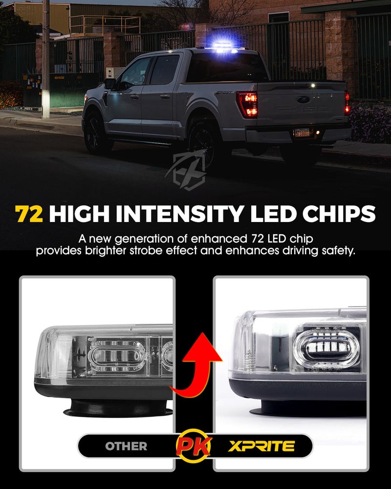 Xprite Upgraded 12" 72LED Rooftop Mini Strobe Lights, Emergency Safety Flashing Beacon Light Bar with Magnetic Base for 12V-24V Construction Vehicles, Trucks, Snow Plow, Postal Car (Blue) - Image 4