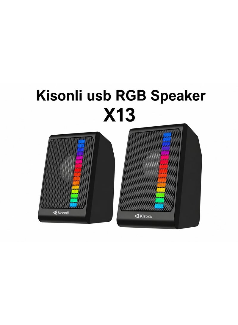 Kisonli X13 USB RGB Stereo Speakers – LED Light Gaming Speakers with Deep Bass, 3.5mm Audio Jack, Plug & Play Desktop Speakers for PC, Laptop & Mobile - Image 1