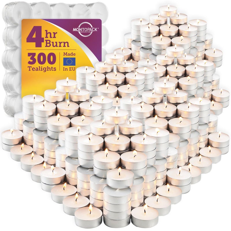 MontoPack Unscented White Tealight Candles Bulk 300  4 Hours of Smokeless Dripless Long Lasting Burning Paraffin Tea Lights  Small Votive Mini Candles for Home Shabbat Weddings  Emergencies