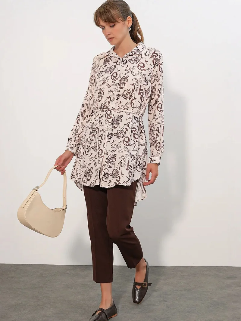 BIG DART BDART Floral Viscose Crepe Belted Long Shirt
