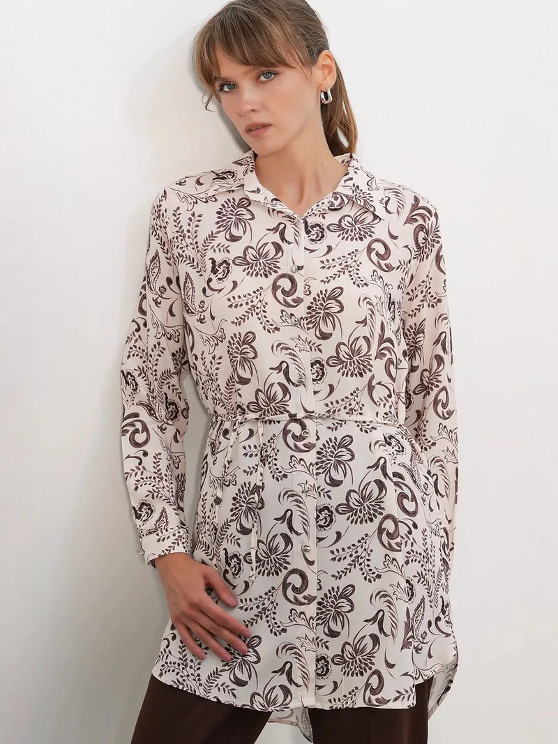 BIG DART BDART Floral Viscose Crepe Belted Long Shirt
