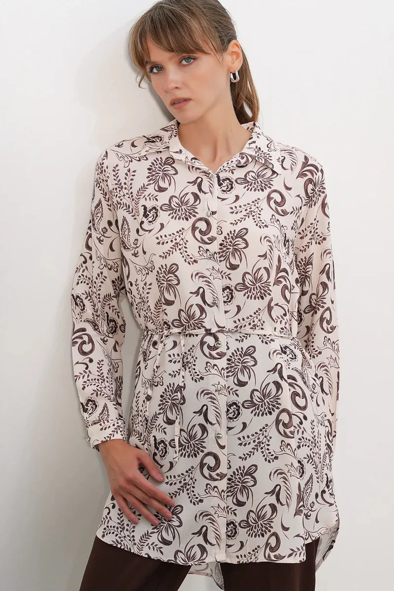 بيغ دارت BDART Floral Viscose Crepe Belted Long Shirt